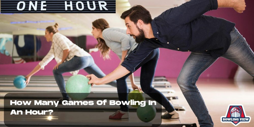 Three people bowling together in one hour at a bowling alley